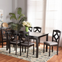 Baxton Studio Ruth-Grey/Dark Brown-7PC Dining Set Ruth Modern Transitional Grey Fabric Upholstered and Dark Brown Finished Wood 7-Piece Dining Sete